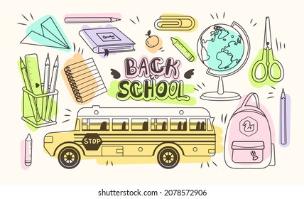 Doodle collection of school supplies. Hand drawn illustration. Back to school concept. Vector on white background