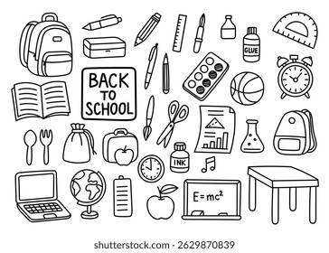 Doodle collection of school supplies including backpack, laptop, lunchbox, and pens, ideal for school-related content, school announcements
