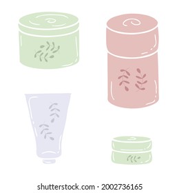 Doodle collection of self care cosmetic jars decorated with branches with leaves. Hand drawn vector illustration for decor and design.

