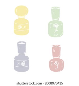 Doodle collection of self care cosmetic bottles and vials decorated with flowers. Hand drawn vector illustration for decor and design.
