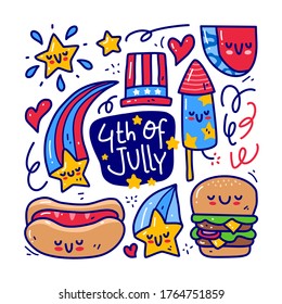 Doodle collection set of 4th of july element on isolated white background. Doodle 4th of july