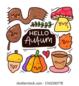 Doodle collection set of autumn element on isolated white background. Doodle autumn