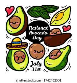 doodle collection set of Avocado element. National avocado day