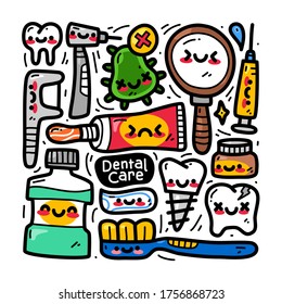 conjunto de colección de doodle de elemento dental sobre fondo blanco aislado. cuidado dental de garabatos