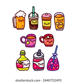 Doodle collection set of drink element on isolated white background. Doodle drink