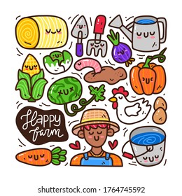doodle collection set of farm element on isolated white background. doodle farm
