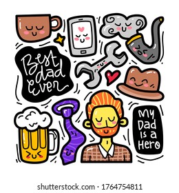 doodle collection set of fathers day element on isolated white background. doodle fathers day
