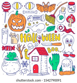 doodle collection set of halloween element on isolated white background. happy halloween