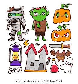 Doodle collection set of halloween element on isolated white background. Can use for sticker etc
