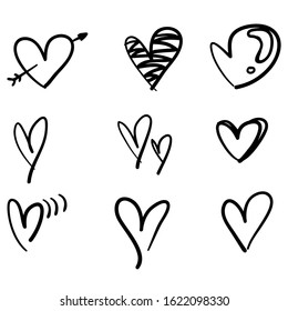 doodle collection set of hand drawn scribble hearts isolated on white background