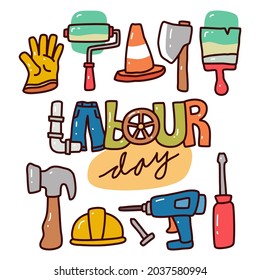 Doodle collection set of labor day element on isolated white background. Doodle labor day