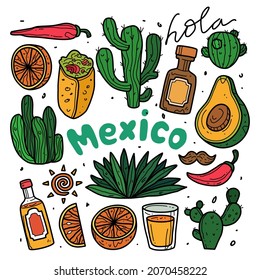 doodle collection set of mexico element in hand drawn style