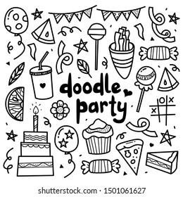 doodle collection set of party element on isolated white background. doodle party