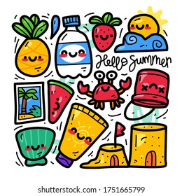 Doodle collection set of summer element on isolated white background. Doodle summer