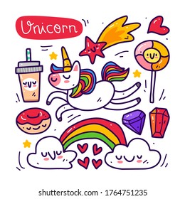 Doodle collection set of unicorn and element on isolated white background. Doodle summer