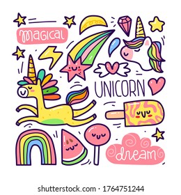 Doodle collection set of unicorn and element on isolated white background. Doodle summer