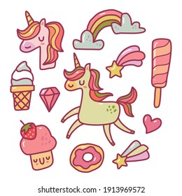 Doodle collection set of unicorn and element on isolated white background