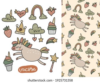 Doodle collection set of unicorn element and seamless pattern in scandinavian style