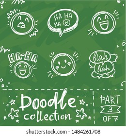 Doodle collection: smiling, laugh emoji faces and signs. Hand drawn vector illustration pictures with text on green school board in chalk style. Part 3 of 7