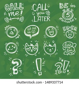 Doodle collection with text in chalk style on school board. Hand drawn vector illustrations in lines sketch drawing style