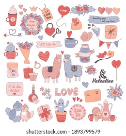 Doodle collection of valentines day elements. Hand drawn love doodles: inscriptions, hearts, arrows, lips, flowers, key, ribbon, letter, decor, lamas, birds. Vector illustration
