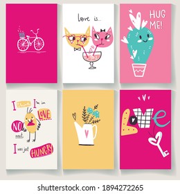 Doodle collection of Valentines Day greeting cards with cute charaters and hand lettering. Cacti, cats, bird and bike, Hug, love and bouquet in cartoon naive simple style.