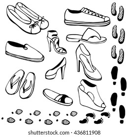 Doodle collection of women's shoes. sports, slippers, sandals, shoes with heels, traces. Black and white drawing