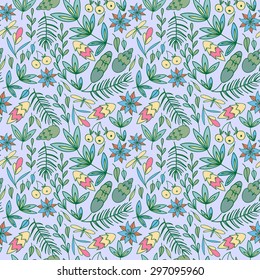 Doodle color background. Hand draw leaves, pine cones and flowers seamless pattern, vector forest elements .