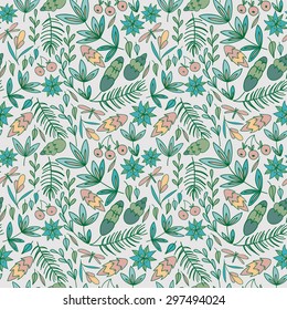 Doodle color background. Hand draw leaves, pine cones and flowers seamless pattern, vector forest elements .