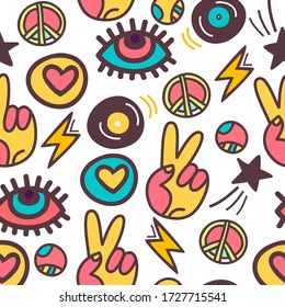 doodle color background with hippie art symbols