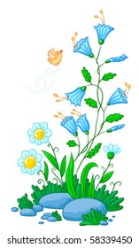 Doodle color bellflower with chamomiles and bird