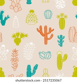 Doodle color cactus seamless pattern. Desert plants, hand drawn cacti vibrant elements. Succulents for house garden. Fabric print, vector web background