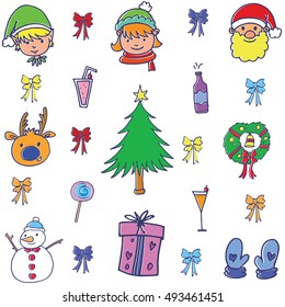 Doodle color christmas set object vector illustration