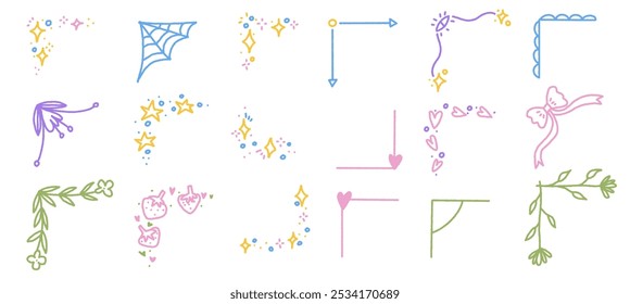 Canto de cor de doodle e conjunto de bordas com morangos, estrelas e faíscas. Armações Florais Desenhadas À Mão, Flouriços E Vinhas. 