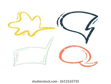 Doodle color crayon speech bubbles set. Hand drawn Vector fun dialog and thought bubbles. Marker texture with heart shaped and rounded frames. Perfect for kids designs, educational materials