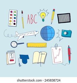 Doodle color drawings about education and learning on paper background including  plane; ruler; pencil; notebook; planet; camera; brush; paint; pen; magnifying glass; schedule; calendar; tablet; light