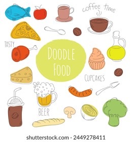 Doodle Color Food icon set, pizza and burger. Hand Drawn Food Icon expression collection element vector set, for concept design.