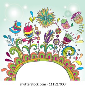 Doodle color frame with birds and flowers for your design,vector  illustration