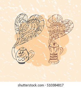 Doodle color illustration of teapot and coffeepot. Heart steam. Napkin background