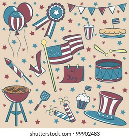 Doodle color objects on the independence day theme vintage style