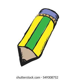 doodle color pencil with eraser, vector icon