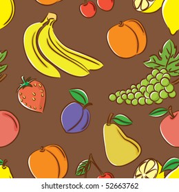 Doodle color seamless with different fruits on brown background