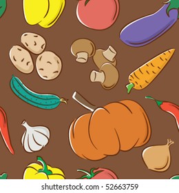 Doodle color seamless pattern with different vegetables on brown background