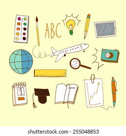 Doodle Color Set About Education And Learning On Paper Background Including  Plane; Ruler; Pencil; Notebook; Planet; Camera; Brush; Paint; Pen; Magnifying Glass; Schedule; Calendar; Tablet; Light