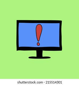 Doodle color sign of computer with ecxlamation mark. Warning icon