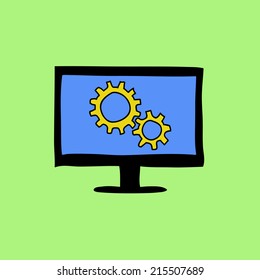 Doodle color  sign of computer with gear wheels. Settings icon