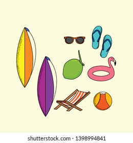 doodle color summer collection chair, coconut drink, ball, eye glass