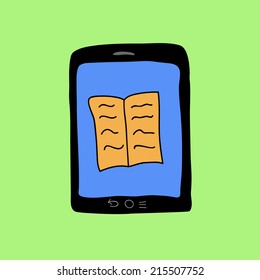Doodle color tablet PC with book image. E-book or learning sign