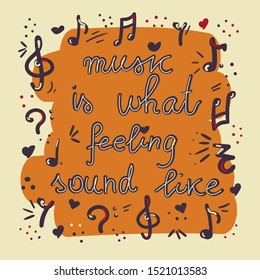 Doodle color vector illustration with different musical elements. Hand drawn vector clipart. Lettering