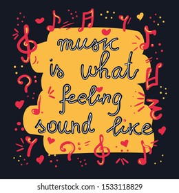 Doodle color vector illustration with different musical elements. Hand drawn vector clipart. Lettering